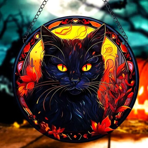 Black Cat Suncatcher Halloween Spider Web Scary Spooky Horror Hanging In/Outdoor - Picture 1 of 3